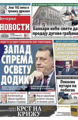 Večernje novosti - broj 2024, 27. sep 2016.